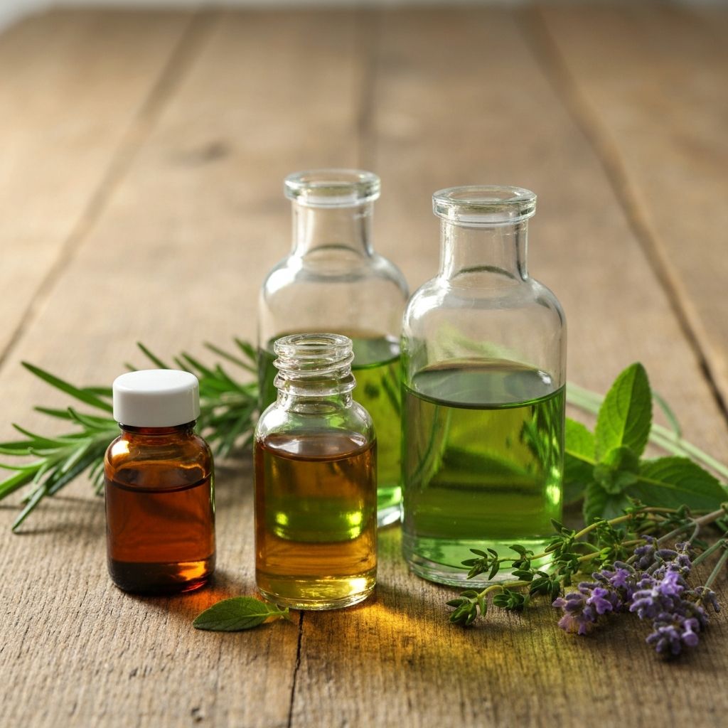 Natural essential oils in glass bottles