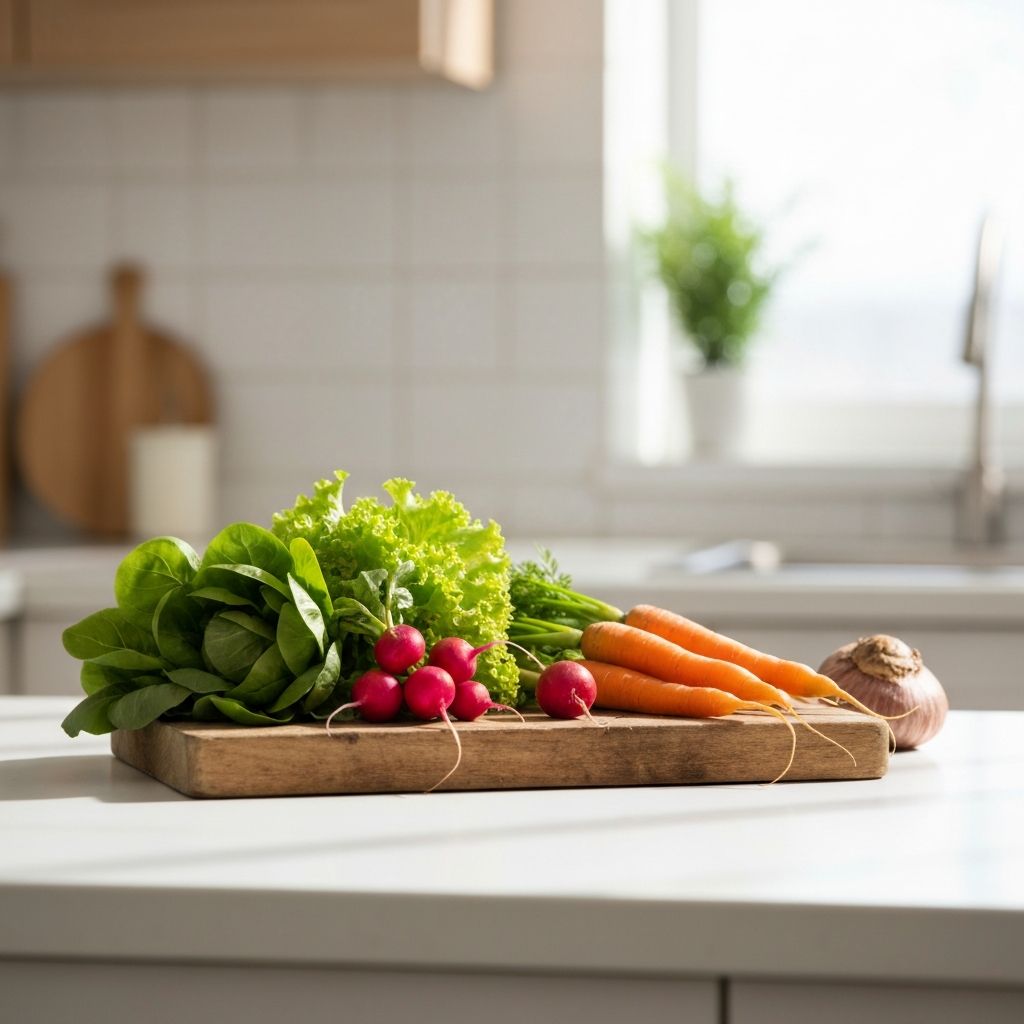Fresh vegetables and natural foods on kitchen table