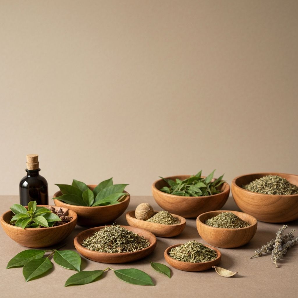 Assortment of natural wellness items and botanical elements